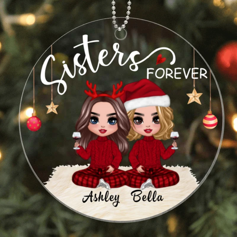 Sisters Forever Doll Women Christmas Checkered Pants Personalized Acrylic Ornament - Image 4
