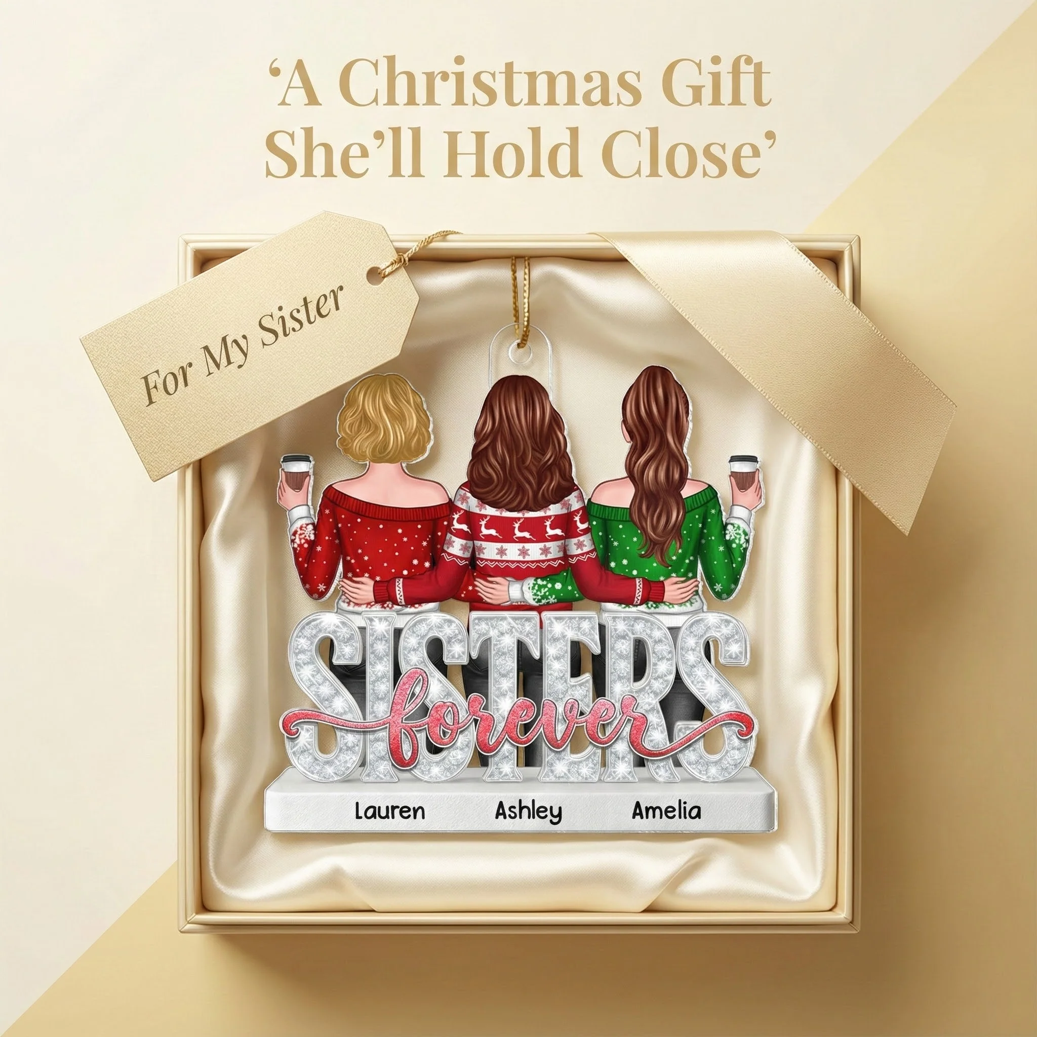 Sisters Forever Pattern Crystal - Personalized Acrylic Ornament - Heartwarming Christmas Gift For Sisters, Besties - Image 3