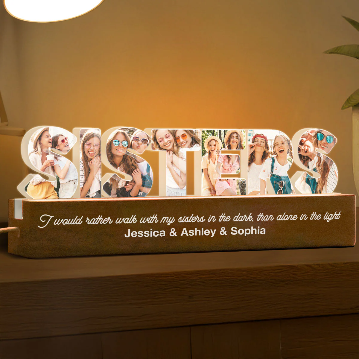 Sisters Photo Collage Personalized Acrylic LED Night Light, Birthday Gift For Sisters - Image 3