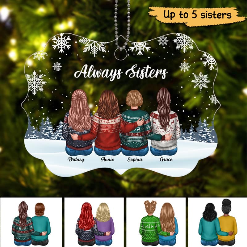 Sisters Siblings Snow Background Personalized Acrylic Ornament - Image 2