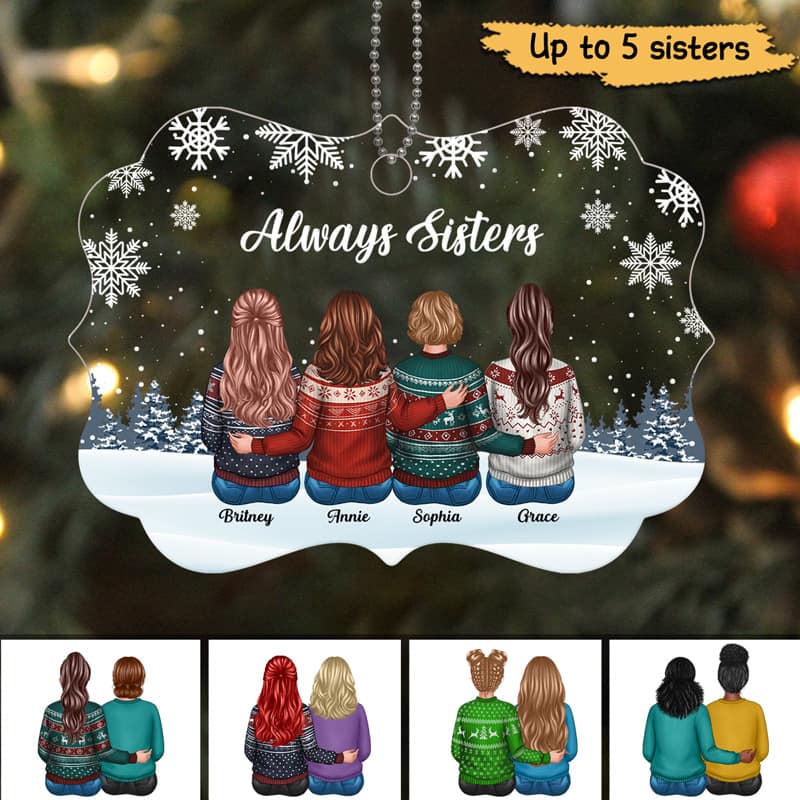 Sisters Siblings Snow Background Personalized Acrylic Ornament - Image 3