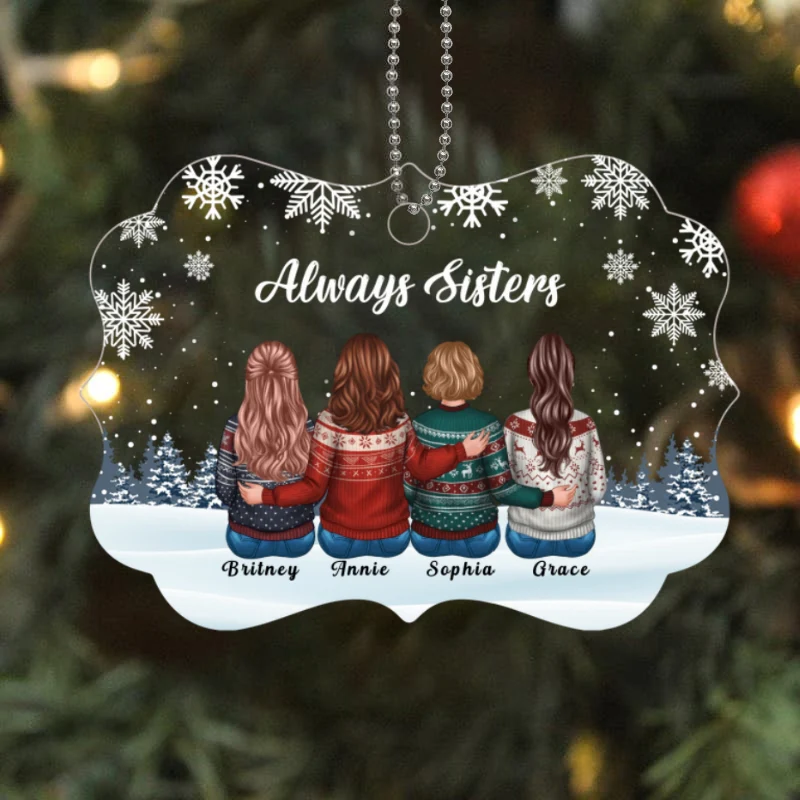 Sisters Siblings Snow Background Personalized Acrylic Ornament - Image 4