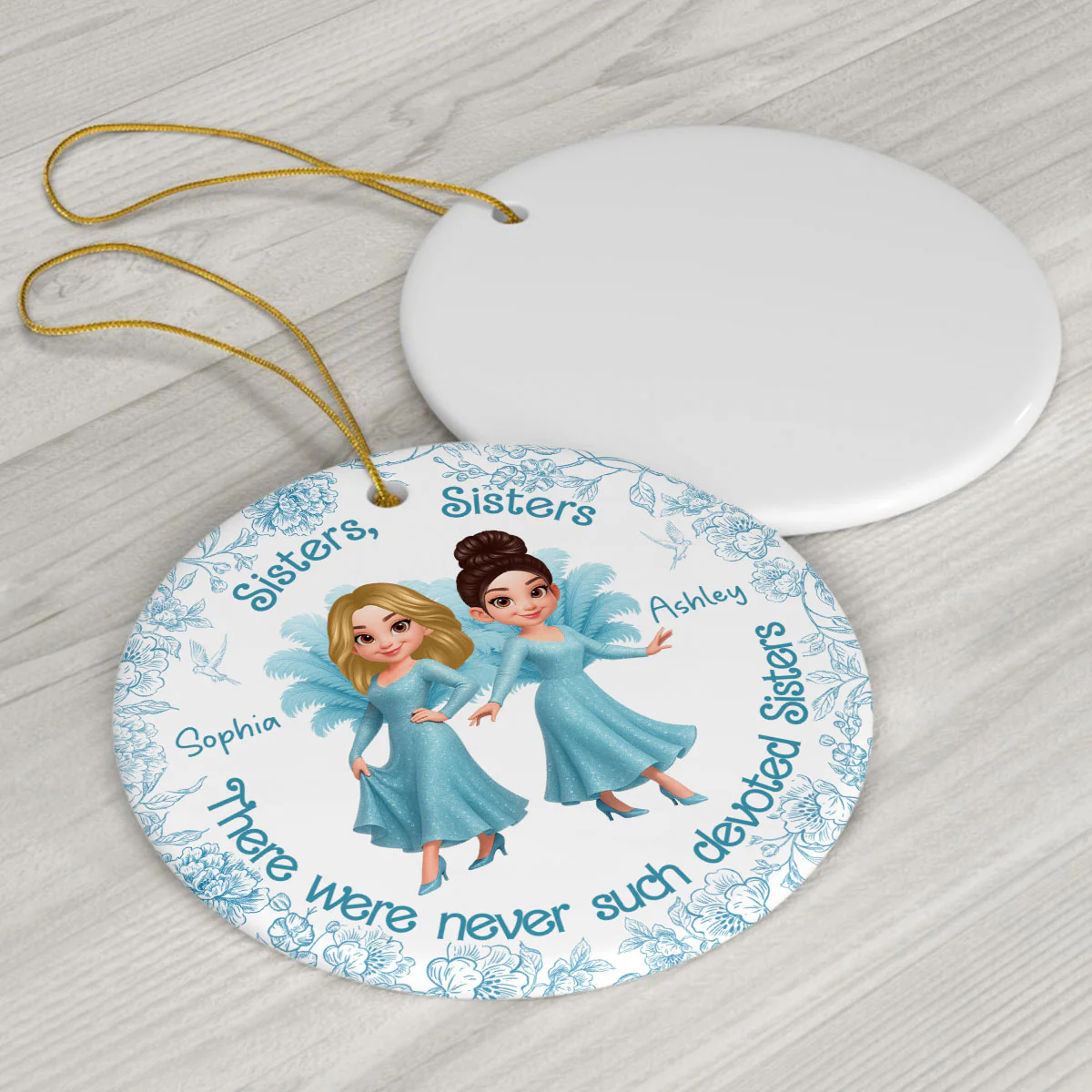 Sisters Sisters Besties in Blue Dresses Personalized Circle Ceramic Ornament - Image 6