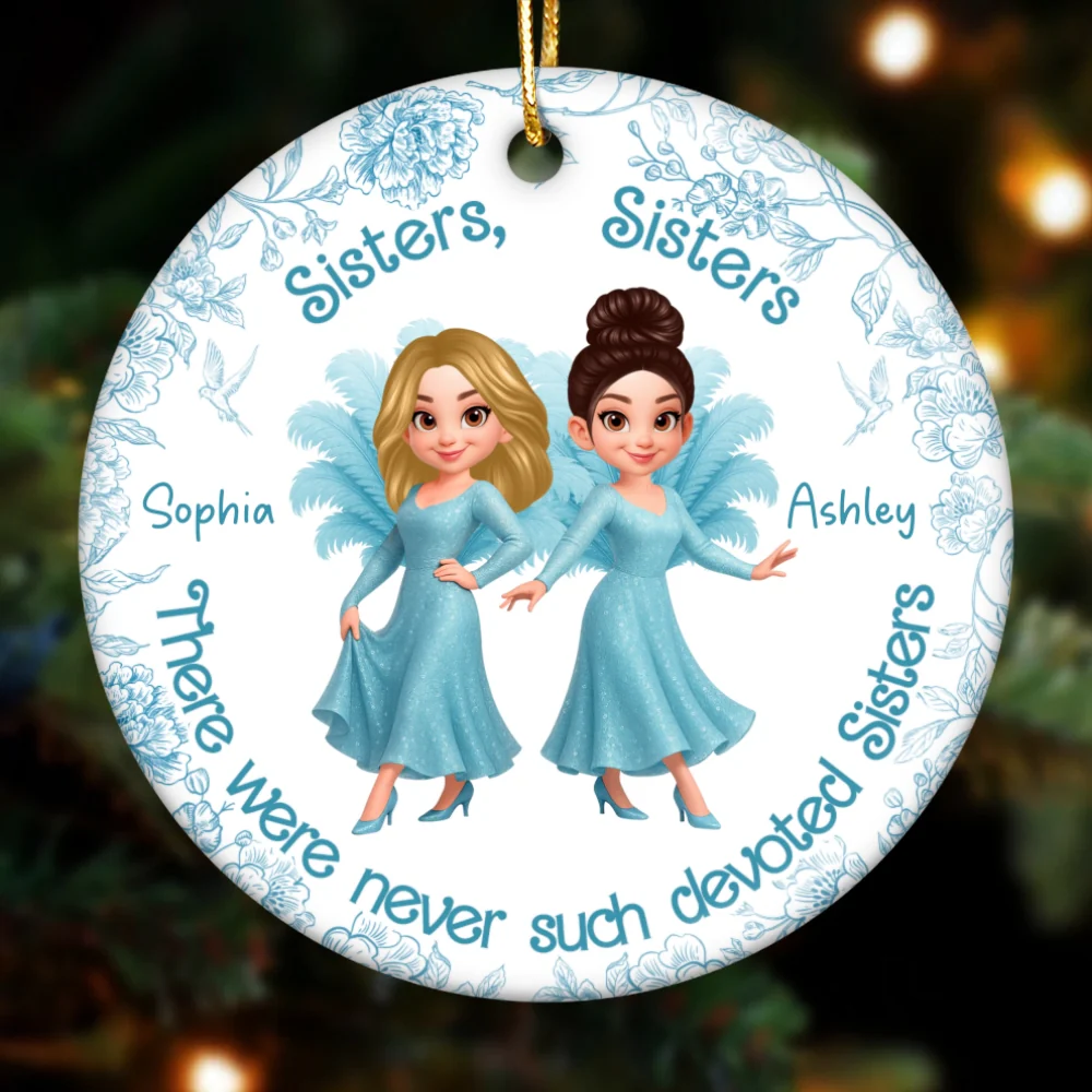 Sisters Sisters Besties in Blue Dresses Personalized Circle Ceramic Ornament - Image 8