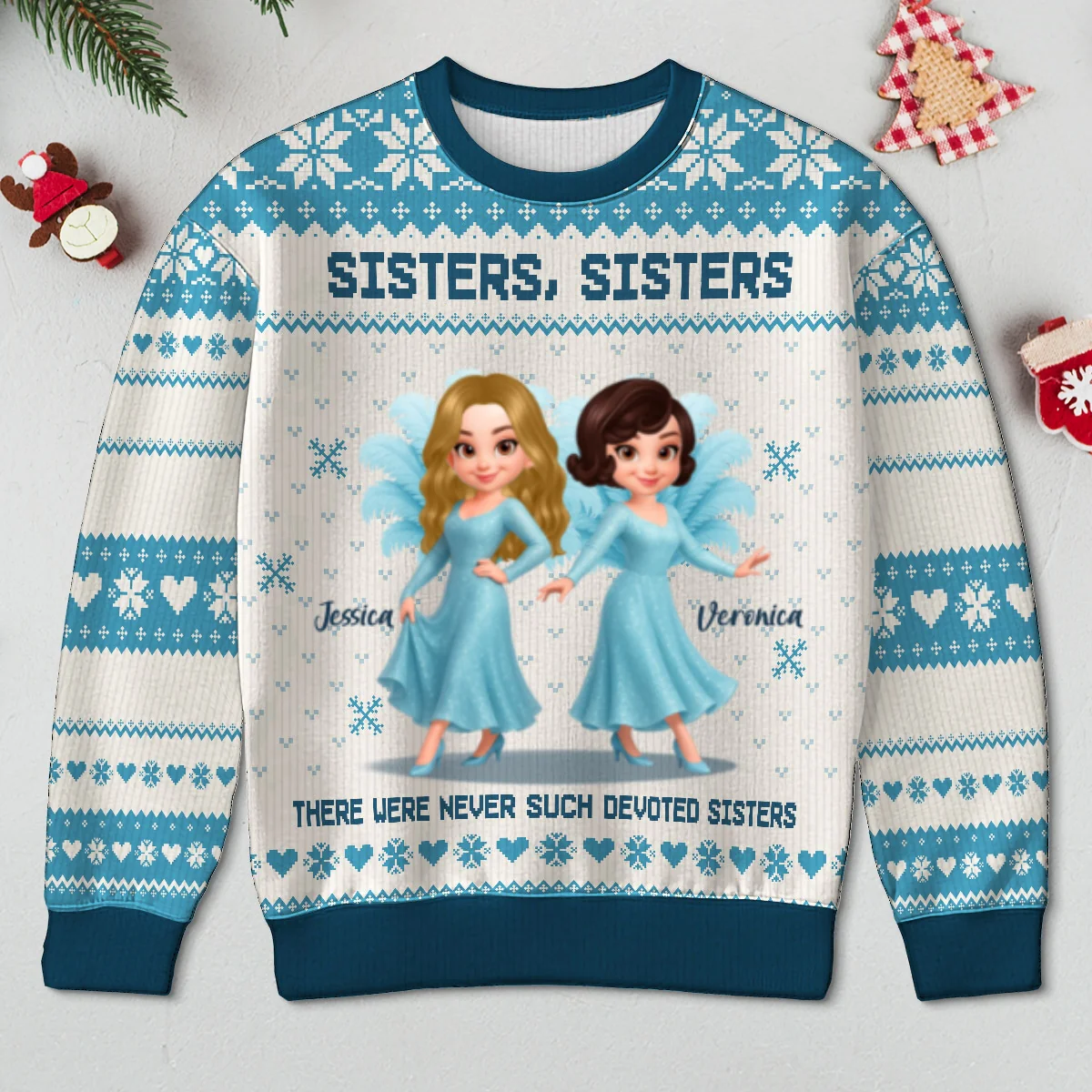 Sisters Sisters Besties in Blue Dresses Personalized Faux Knitting Ugly Sweater, Christmas Matching Costume For Sisters, Best Friends - Image 11