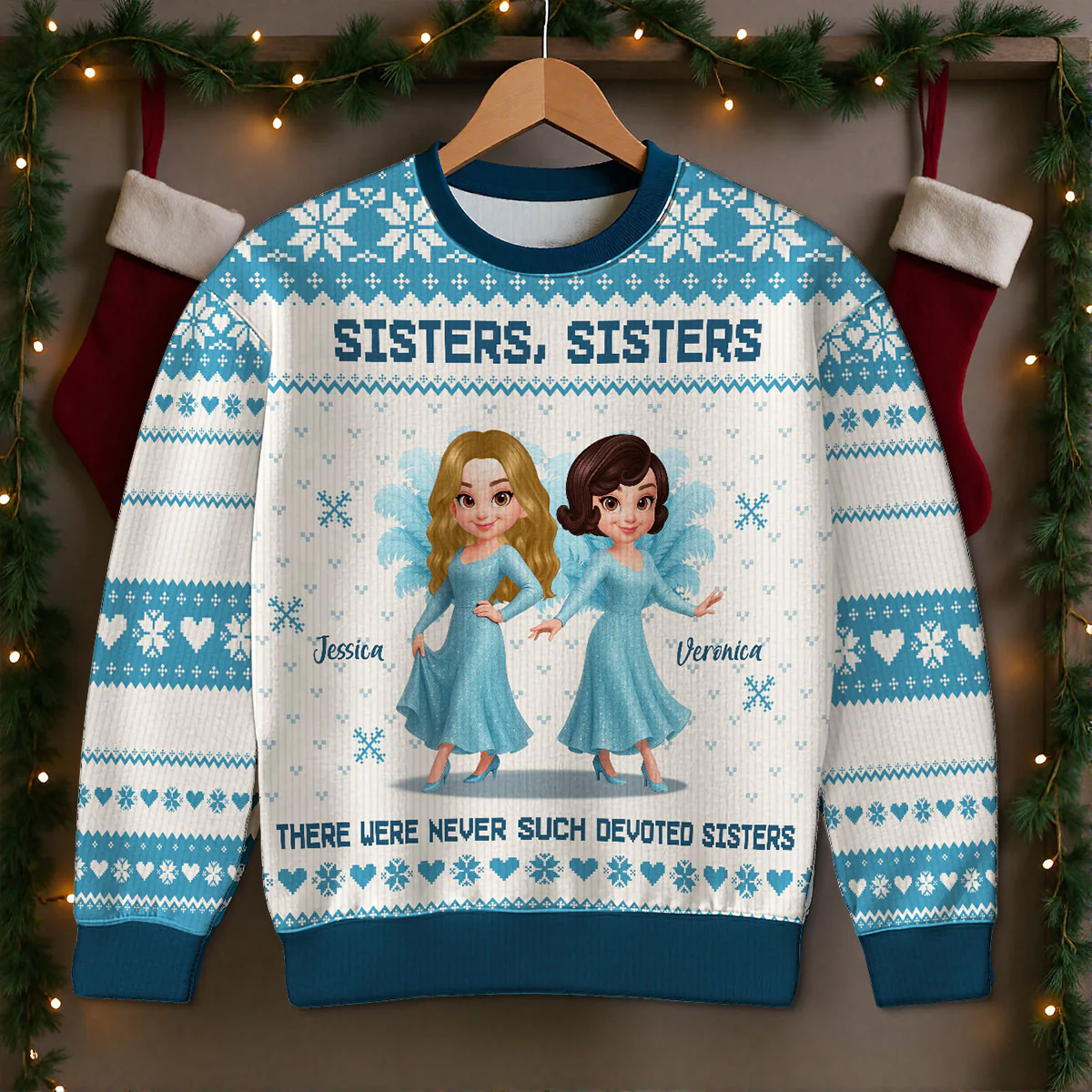 Sisters Sisters Besties in Blue Dresses Personalized Faux Knitting Ugly Sweater, Christmas Matching Costume For Sisters, Best Friends - Image 2