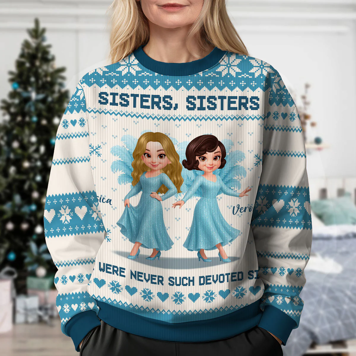 Sisters Sisters Besties in Blue Dresses Personalized Faux Knitting Ugly Sweater, Christmas Matching Costume For Sisters, Best Friends - Image 3