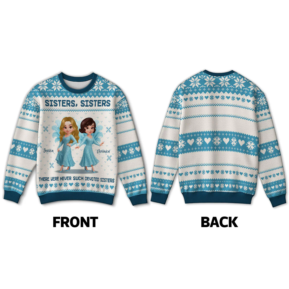 Sisters Sisters Besties in Blue Dresses Personalized Faux Knitting Ugly Sweater, Christmas Matching Costume For Sisters, Best Friends - Image 4