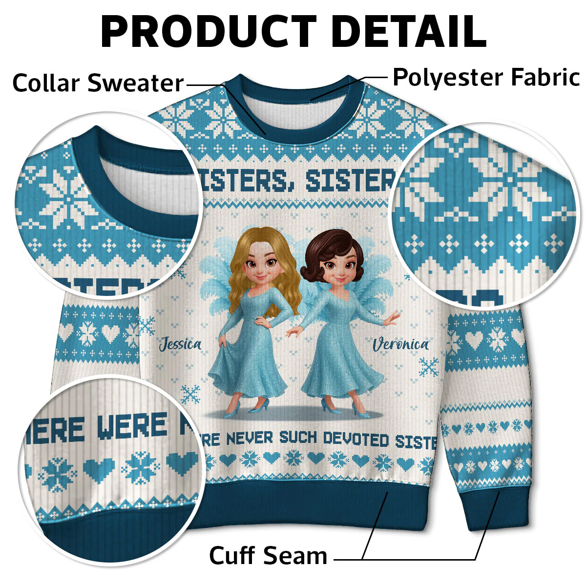 Sisters Sisters Besties in Blue Dresses Personalized Faux Knitting Ugly Sweater, Christmas Matching Costume For Sisters, Best Friends - Image 5