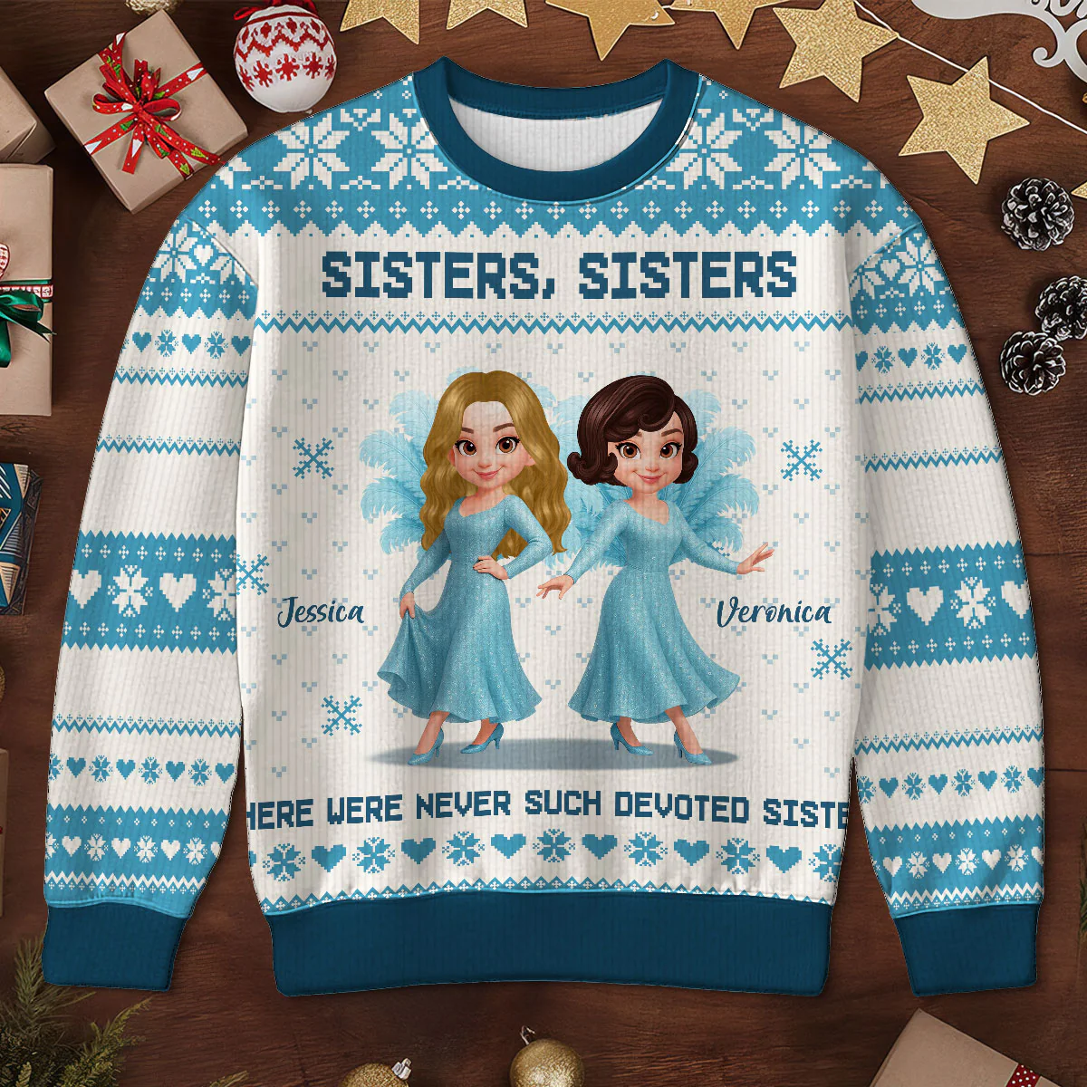 Sisters Sisters Besties in Blue Dresses Personalized Faux Knitting Ugly Sweater, Christmas Matching Costume For Sisters, Best Friends - Image 7