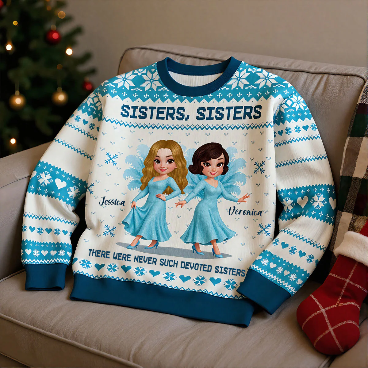 Sisters Sisters Besties in Blue Dresses Personalized Faux Knitting Ugly Sweater, Christmas Matching Costume For Sisters, Best Friends - Image 8
