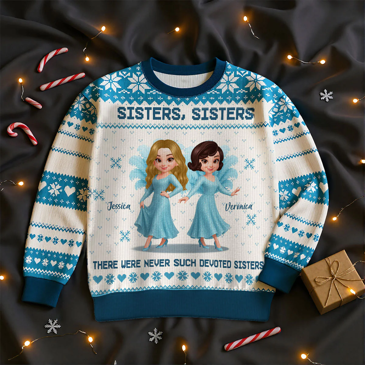 Sisters Sisters Besties in Blue Dresses Personalized Faux Knitting Ugly Sweater, Christmas Matching Costume For Sisters, Best Friends - Image 9