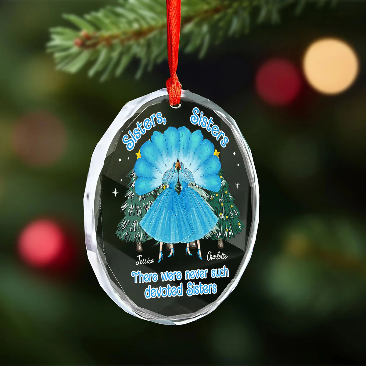 Sisters Sisters Besties in Blue Dresses Personalized Glass Ornament - Image 2
