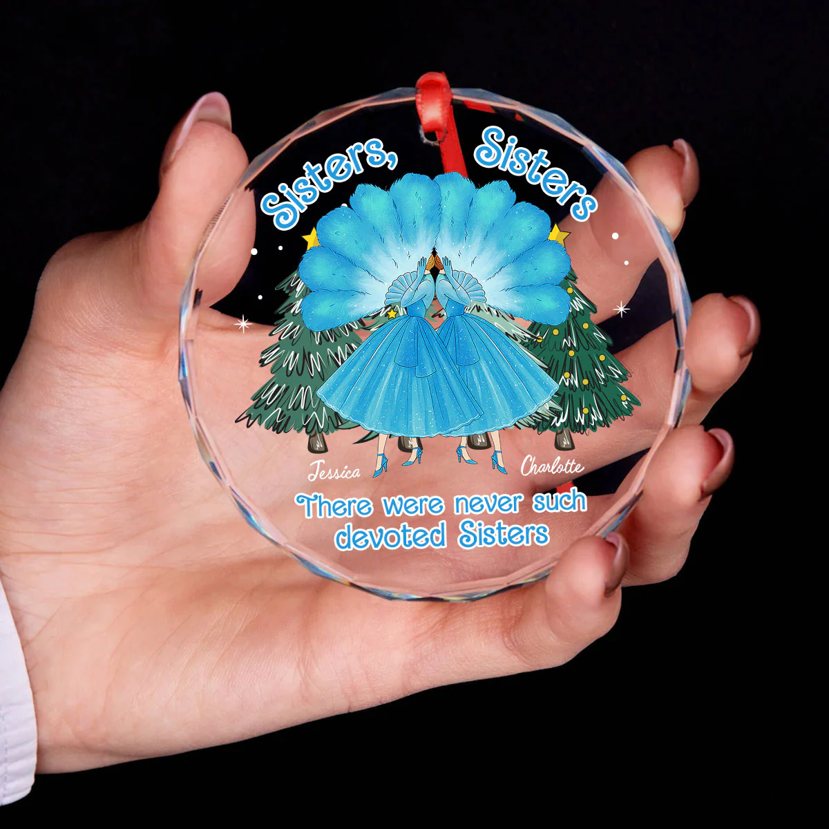 Sisters Sisters Besties in Blue Dresses Personalized Glass Ornament - Image 3