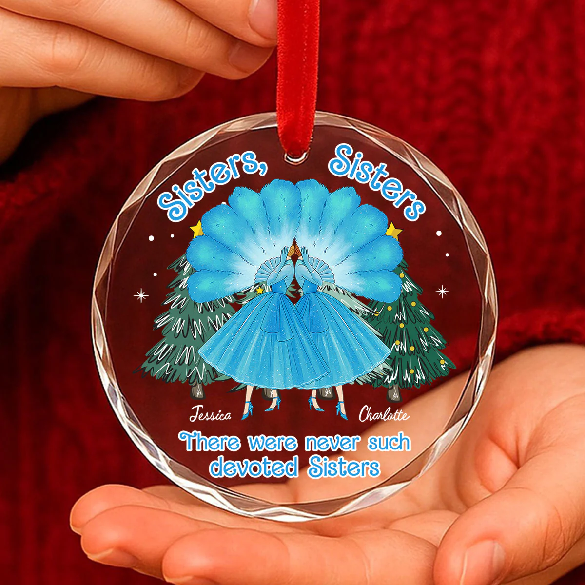 Sisters Sisters Besties in Blue Dresses Personalized Glass Ornament - Image 4