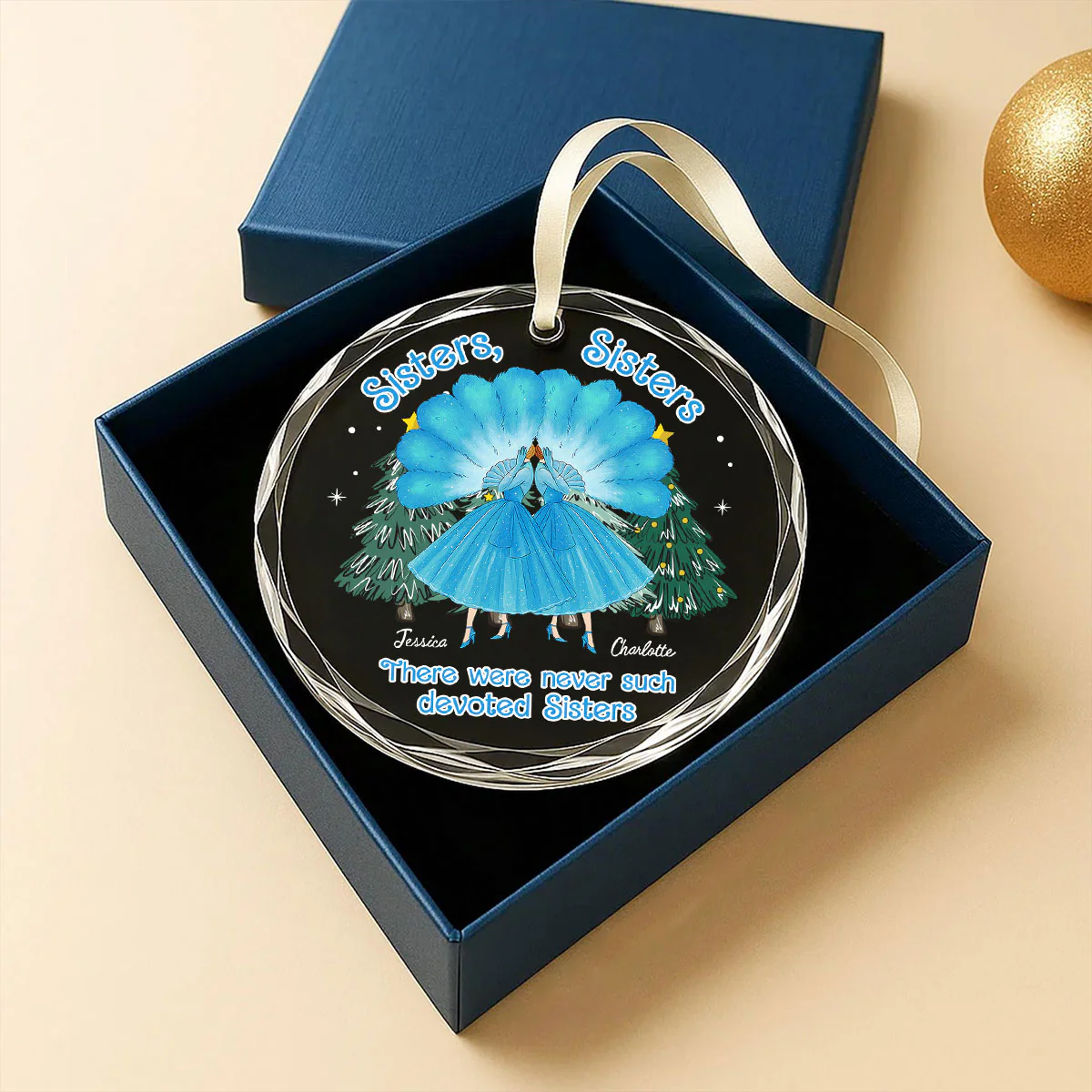 Sisters Sisters Besties in Blue Dresses Personalized Glass Ornament - Image 5