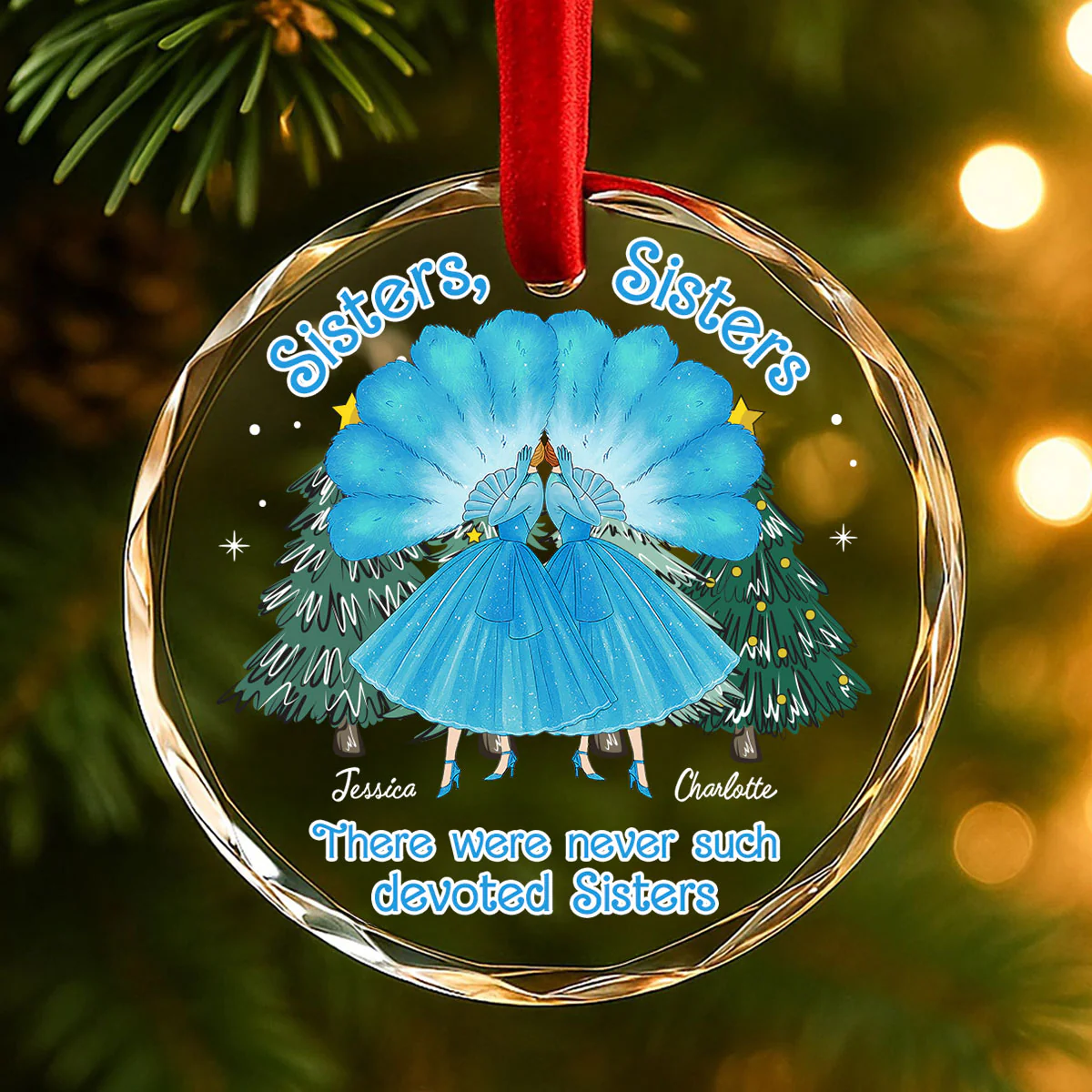 Sisters Sisters Besties in Blue Dresses Personalized Glass Ornament - Image 9