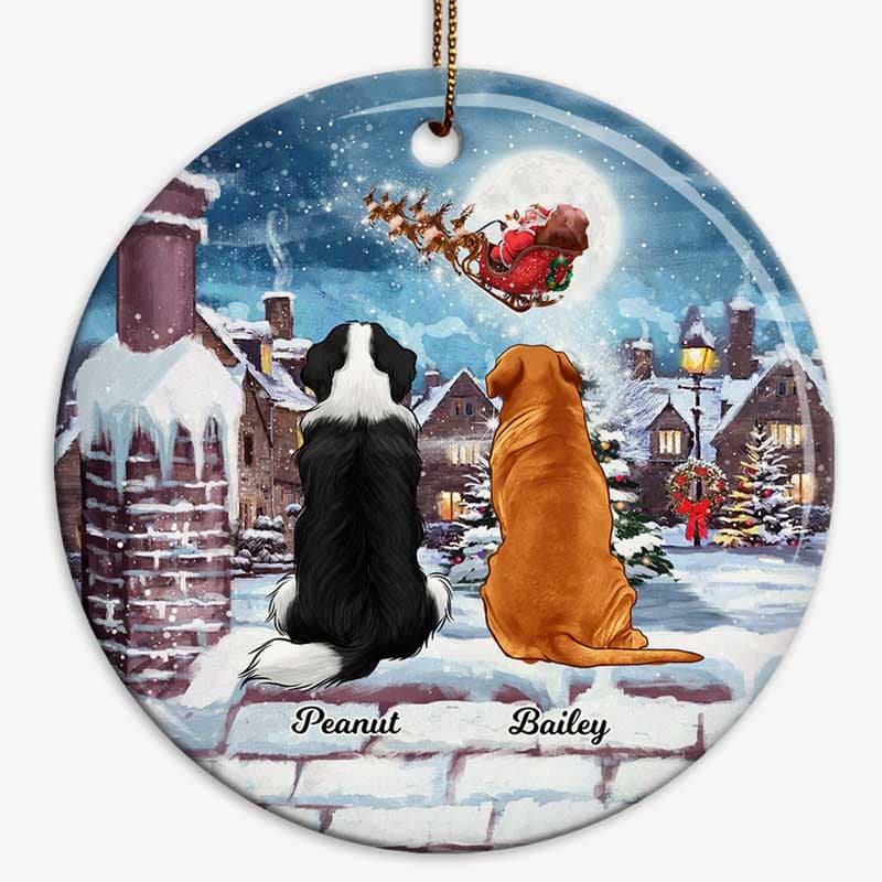 Sitting Dogs On Rooftop Christmas Personalized Circle Ornament
