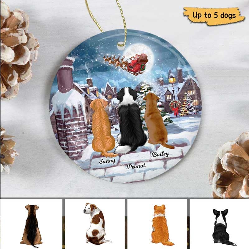 Sitting Dogs On Rooftop Christmas Personalized Circle Ornament - Image 2