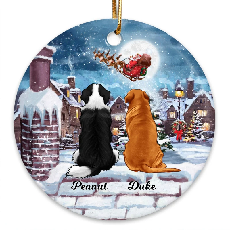 Sitting Dogs On Rooftop Christmas Personalized Circle Ornament - Image 3