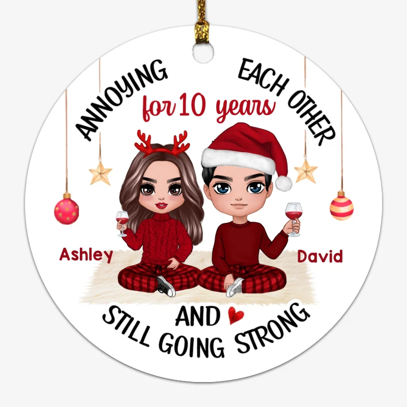 Sitting Doll Couple Annoying Each Other Personalized Circle Ornament - Image 2