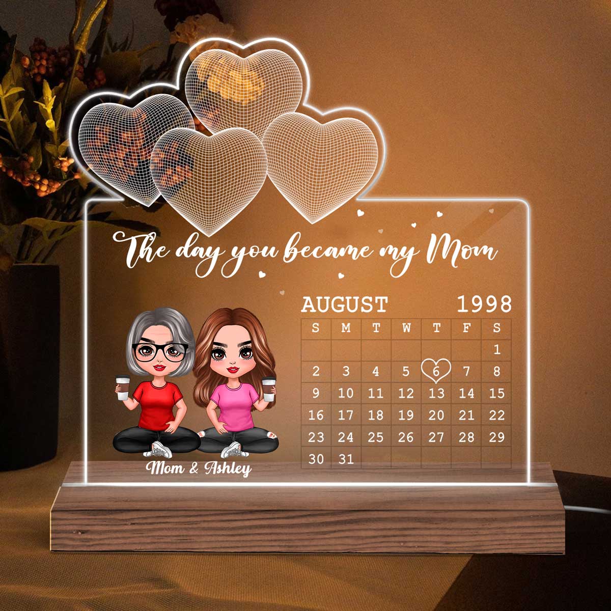 Sitting Doll Mother Daughter Under 3D Heart Personalized Custom Shape LED Night Light - Image 2