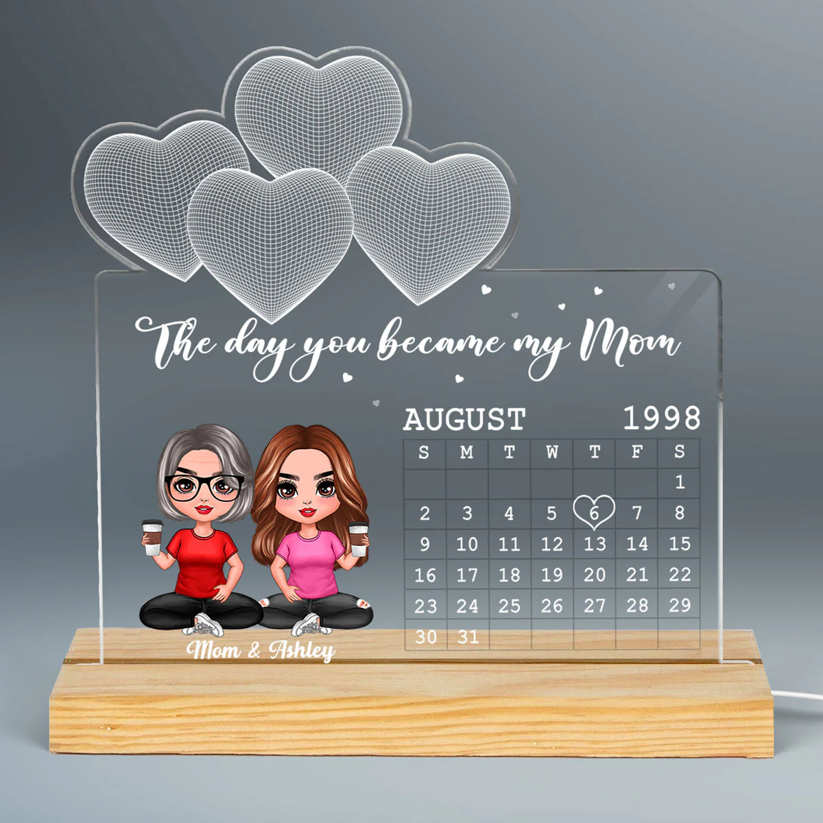 Sitting Doll Mother Daughter Under 3D Heart Personalized Custom Shape LED Night Light - Image 3