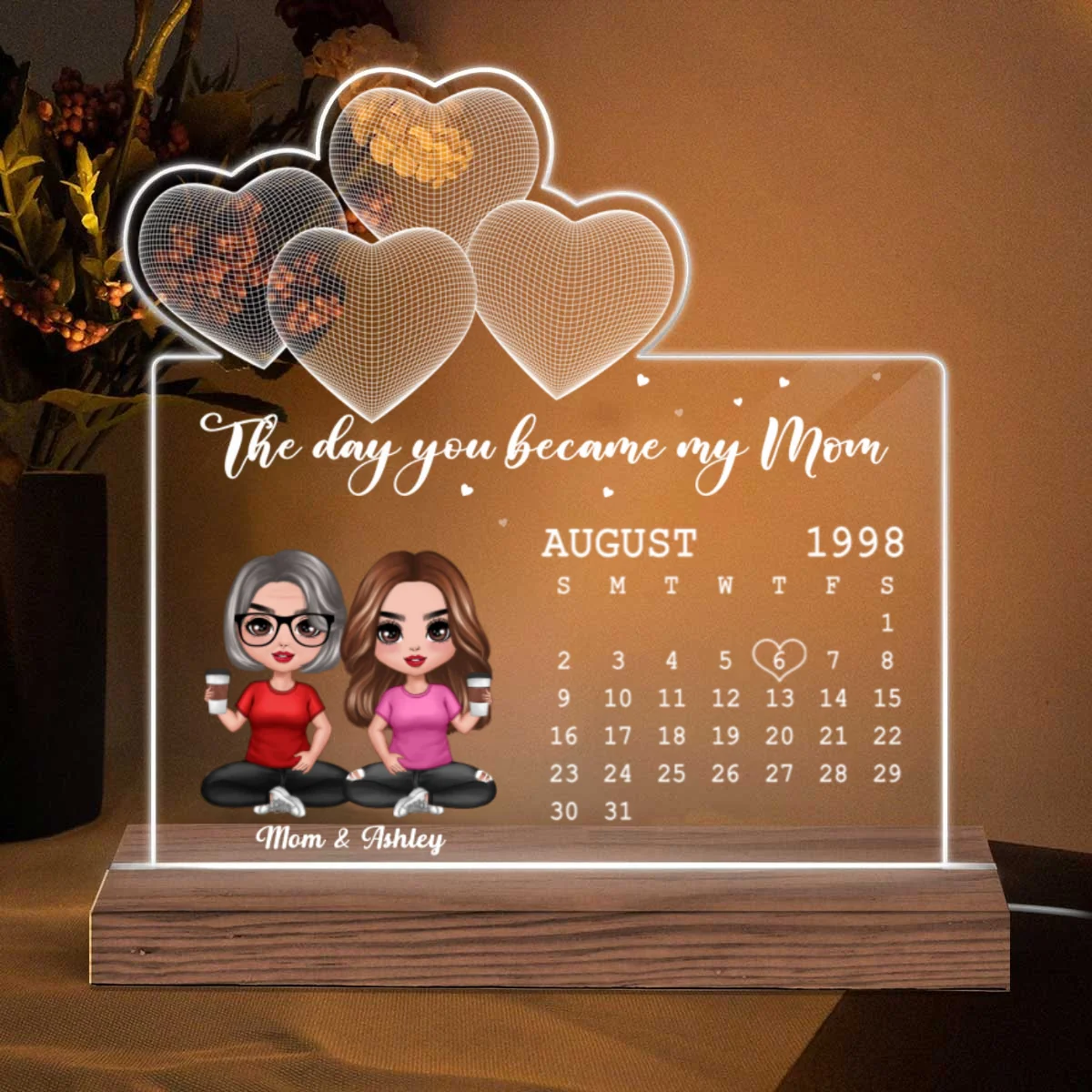 Sitting Doll Mother Daughter Under 3D Heart Personalized Custom Shape LED Night Light - Image 5