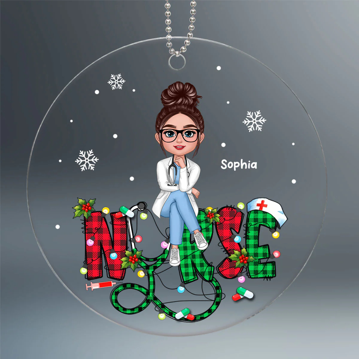 Sitting Nurse Christmas Pattern Personalized Acrylic Ornament, Christmas Gift For Nurses - Image 2