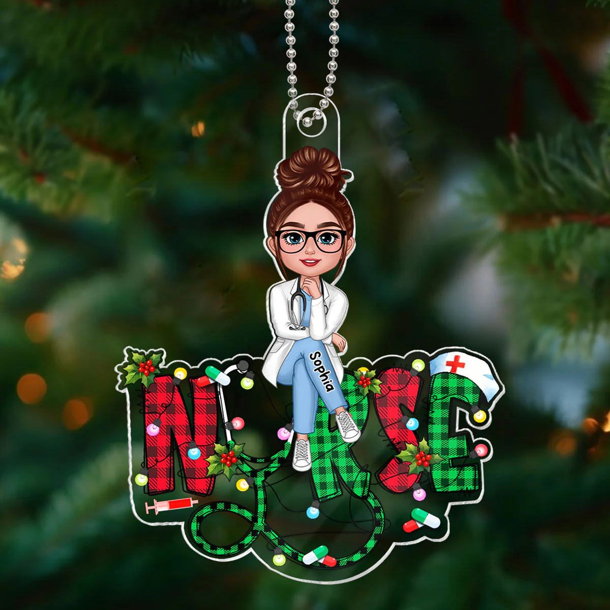 Sitting Nurse Christmas Pattern Personalized Acrylic Ornament, Christmas Gift For Nurses - Image 3