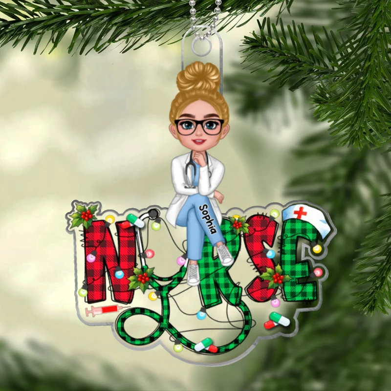 Sitting Nurse Christmas Pattern Personalized Acrylic Ornament, Christmas Gift For Nurses - Image 6