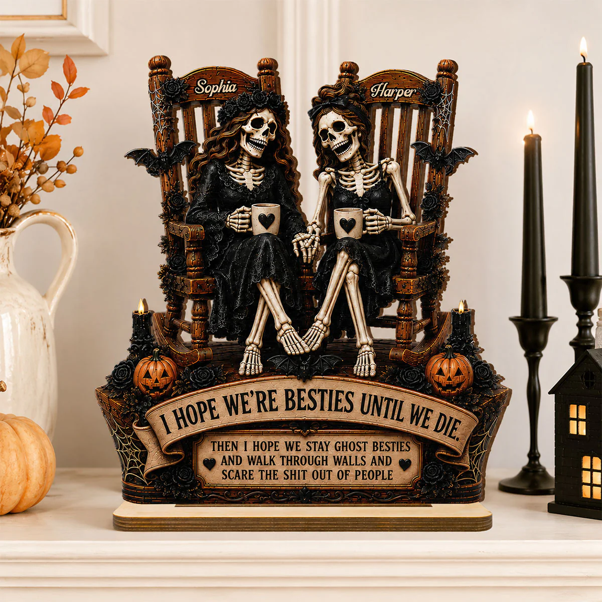 Skeleton Besties Until We Die 2D Flat - Personalized 2-Layered Wooden Plaque - Funny Work Bestie Gift, Halloween Keepsake For Best Friends