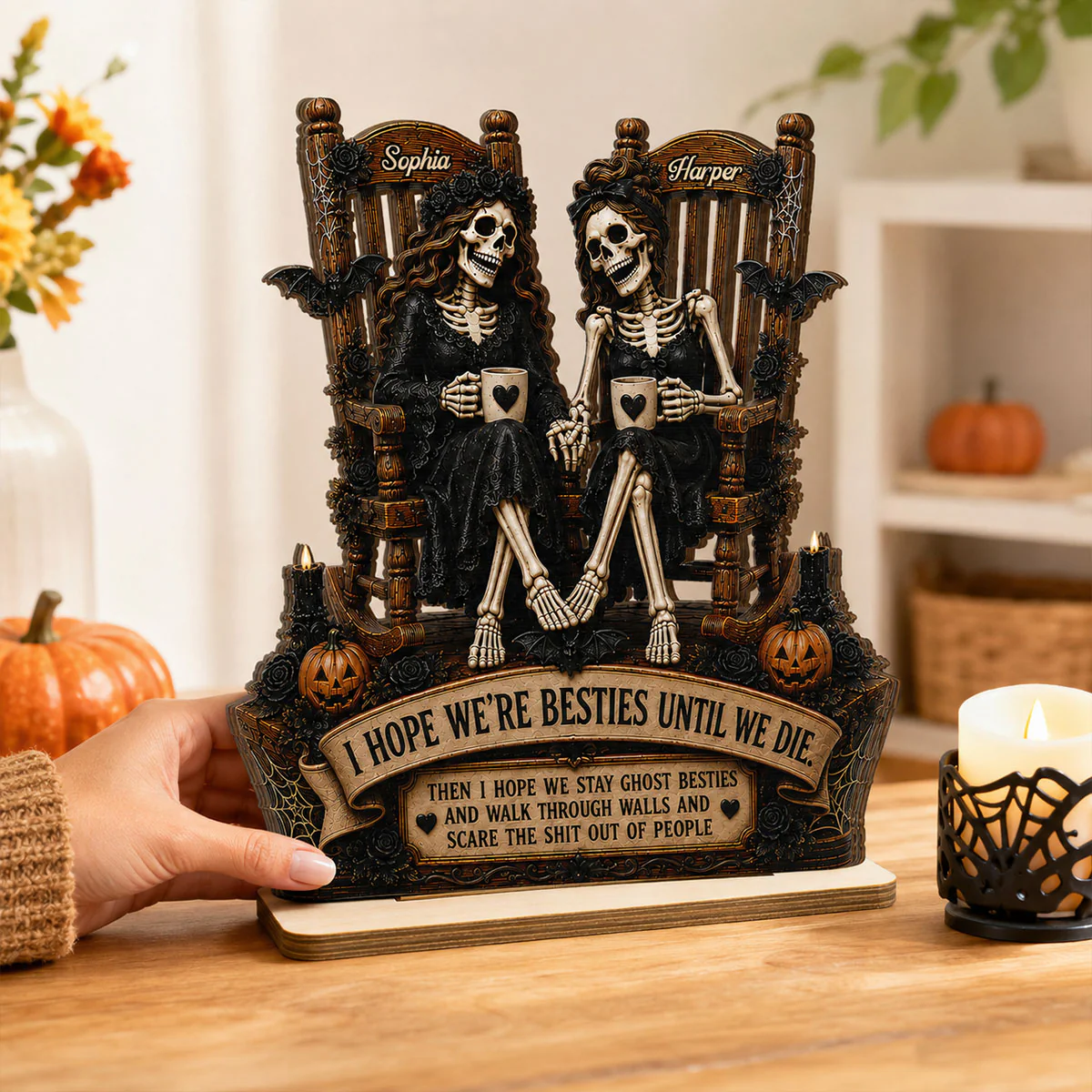 Skeleton Besties Until We Die 2D Flat - Personalized 2-Layered Wooden Plaque - Funny Work Bestie Gift, Halloween Keepsake For Best Friends - Image 2