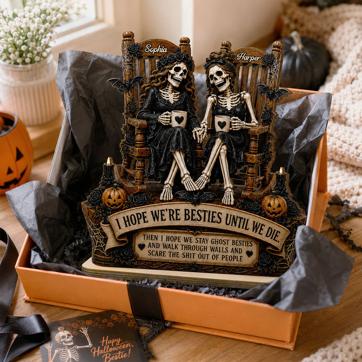 Skeleton Besties Until We Die 2D Flat - Personalized 2-Layered Wooden Plaque - Funny Work Bestie Gift, Halloween Keepsake For Best Friends - Image 3