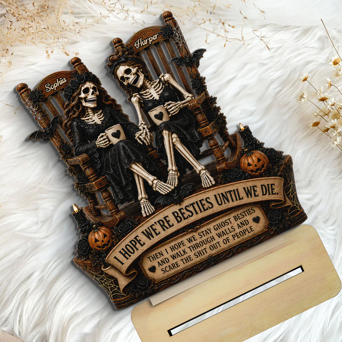 Skeleton Besties Until We Die 2D Flat - Personalized 2-Layered Wooden Plaque - Funny Work Bestie Gift, Halloween Keepsake For Best Friends - Image 5