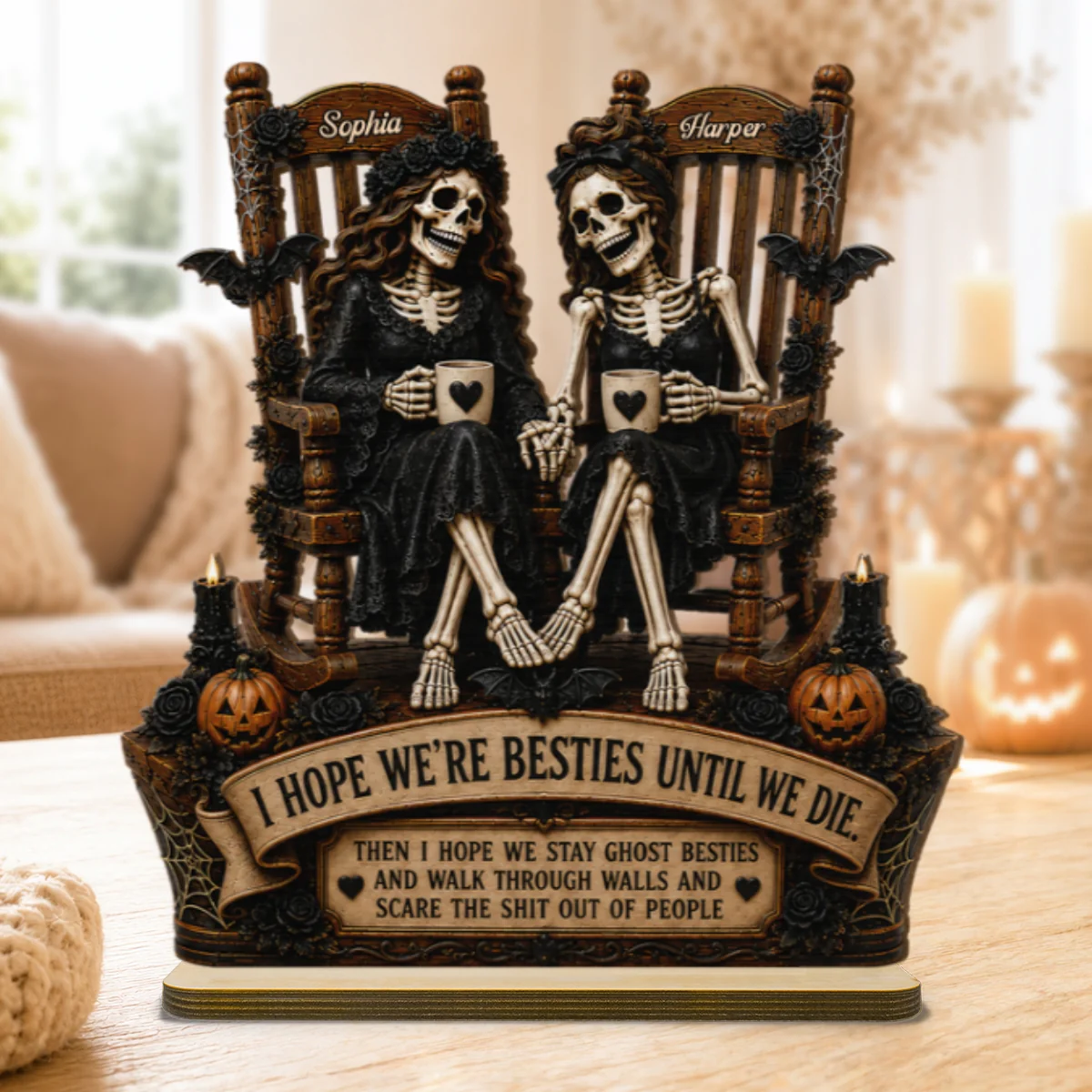 Skeleton Besties Until We Die 2D Flat - Personalized 2-Layered Wooden Plaque - Funny Work Bestie Gift, Halloween Keepsake For Best Friends - Image 9