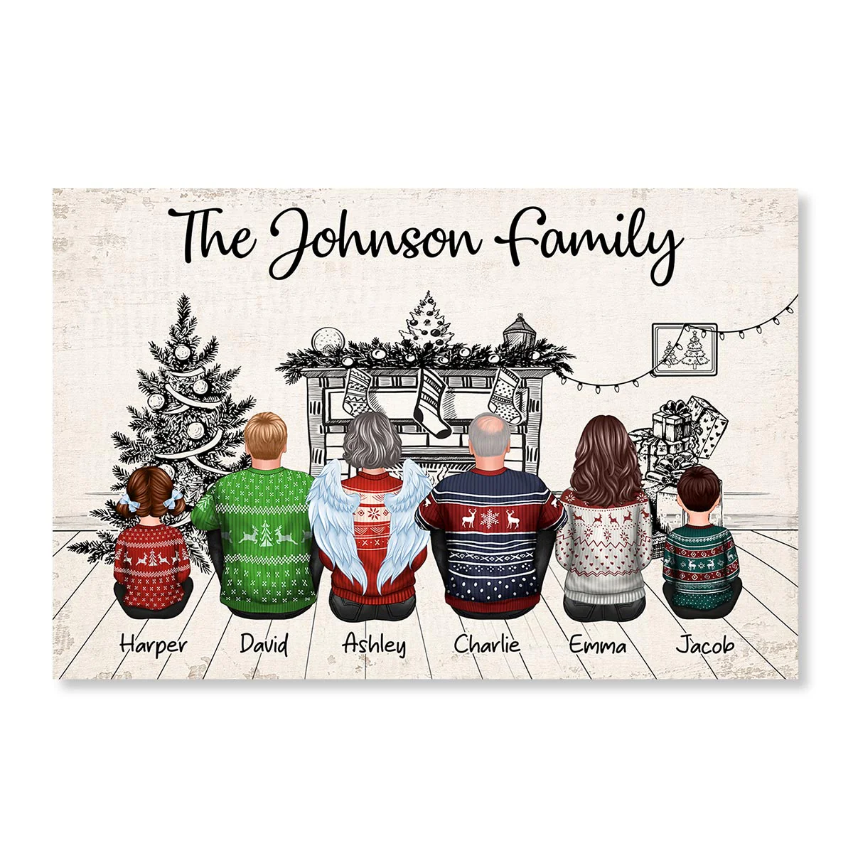 Sketch Background Christmas Family Back View Sitting Together At Fireplace Personalized Poster - Image 2
