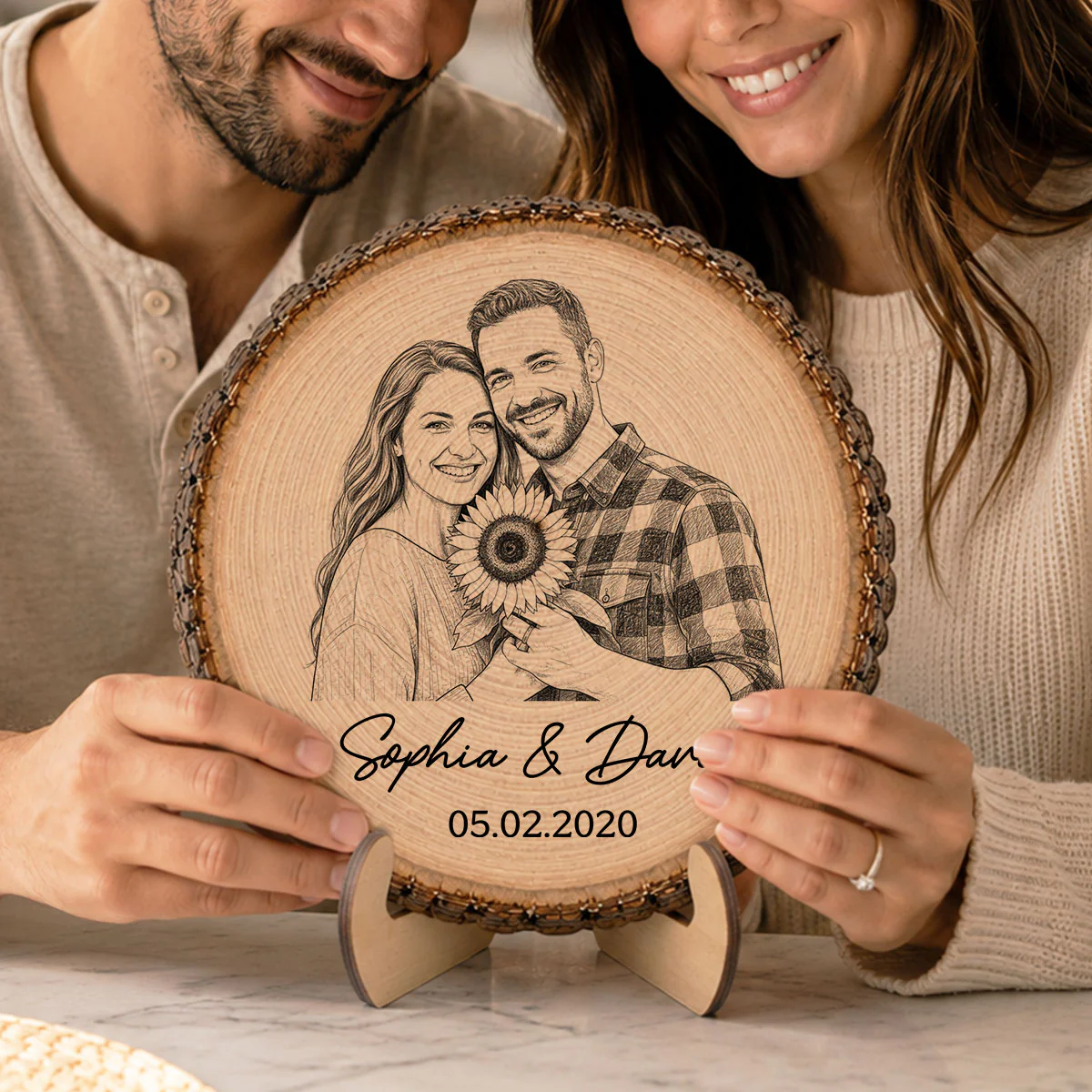 Sketch Style Couple Forever Love Custom Photo - Personalized 2-Layered Wooden Plaque - Anniversary Gift, Wedding Gift For Couple - Image 3