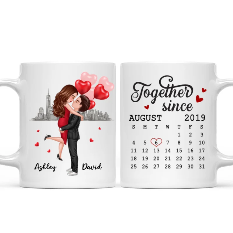 Skyline Doll Couple Hugging Kissing Calendar Anniversary Date Personalized Mug - Image 4
