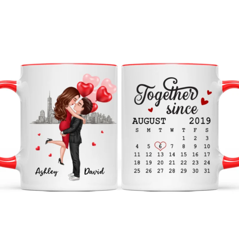 Skyline Doll Couple Hugging Kissing Calendar Anniversary Date Personalized Mug - Image 8