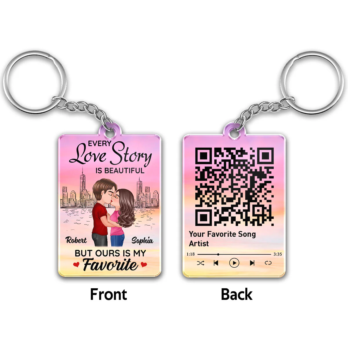 Skyline Doll Couple Kissing Favorite Song Scannable QR Code Personalized Acrylic Keychain
