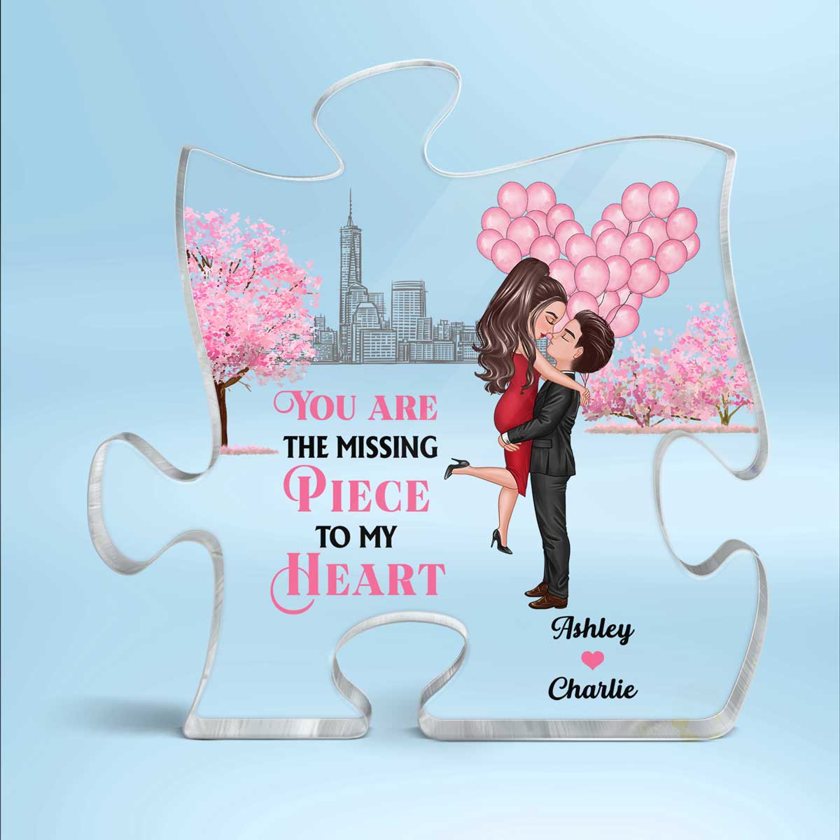 Skyline Pink Tree Heart Balloon Kissing Hugging Couple Personalized Acrylic Puzzle Plaque - Image 2