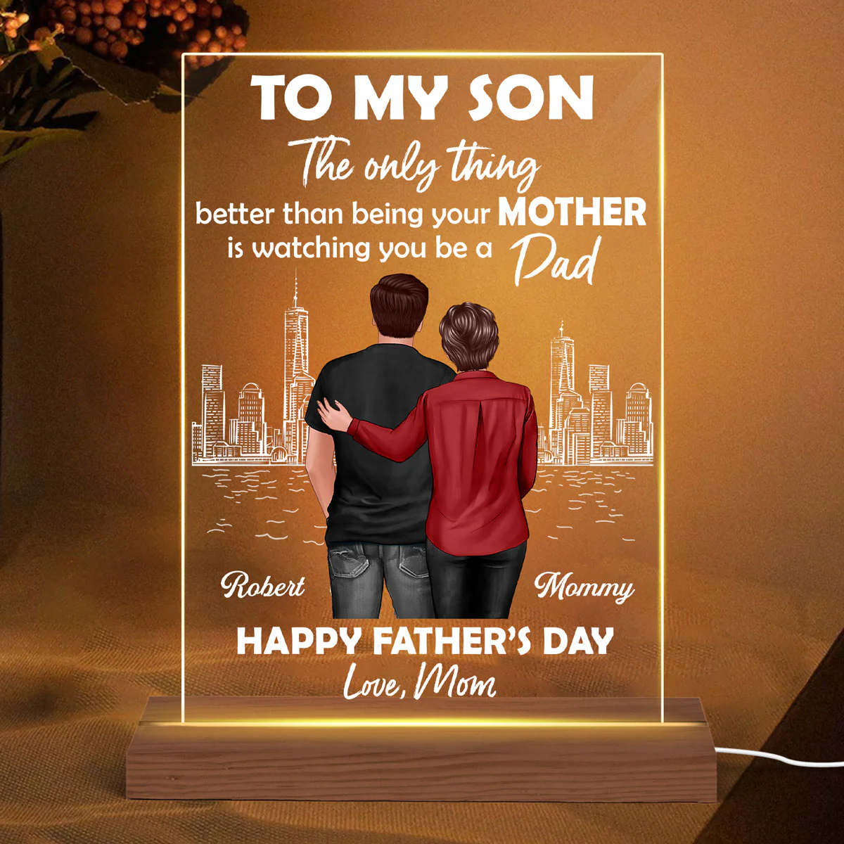 Skyline To My Son From Mom Happy Father‘s Day Back View Personalized Rectangle Acrylic LED Night Light