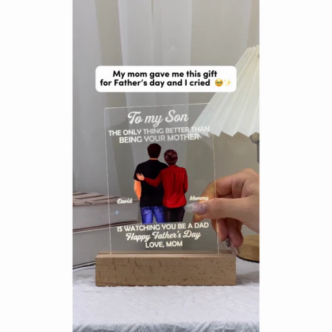 Skyline To My Son From Mom Happy Father‘s Day Back View Personalized Rectangle Acrylic LED Night Light - Image 2