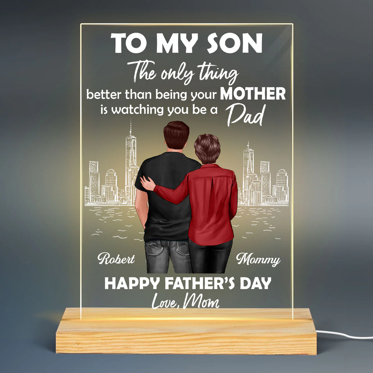 Skyline To My Son From Mom Happy Father‘s Day Back View Personalized Rectangle Acrylic LED Night Light - Image 3