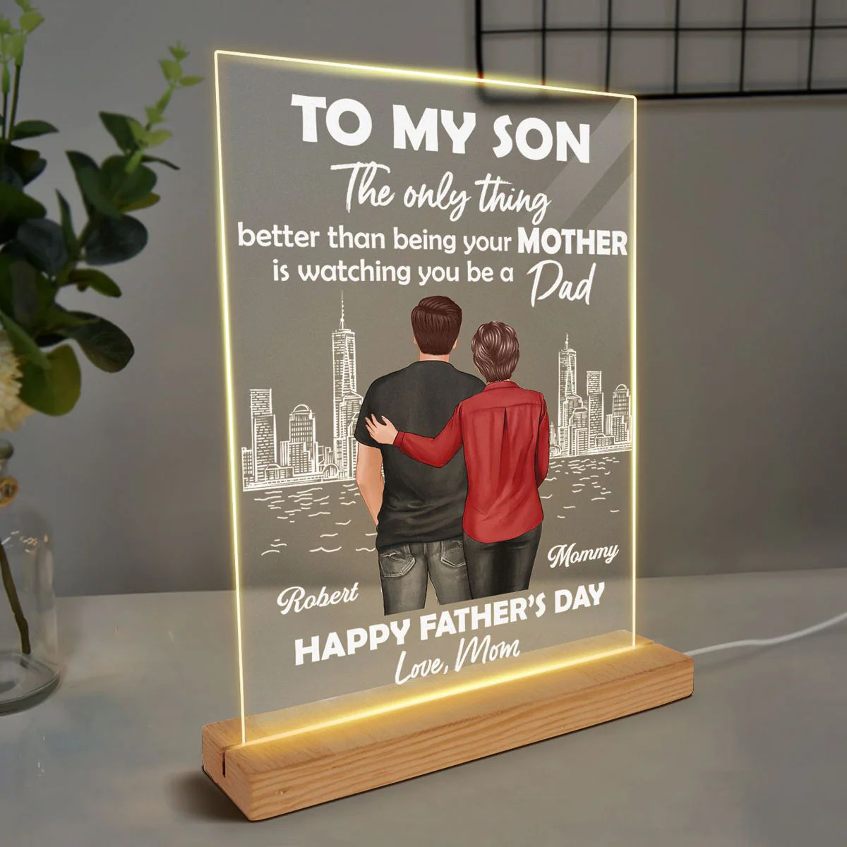 Skyline To My Son From Mom Happy Father‘s Day Back View Personalized Rectangle Acrylic LED Night Light - Image 4