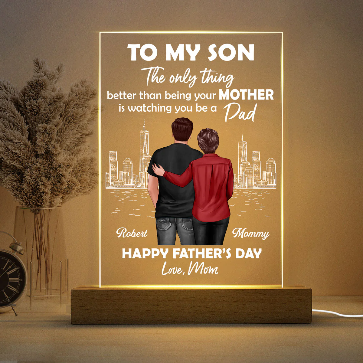 Skyline To My Son From Mom Happy Father‘s Day Back View Personalized Rectangle Acrylic LED Night Light - Image 5
