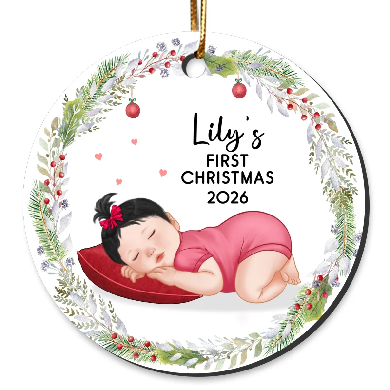 Sleeping Baby First Christmas Personalized Circle Ornament - Image 4