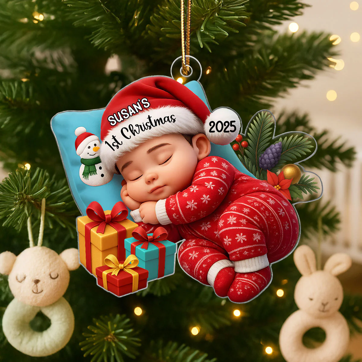 Sleeping Baby in Christmas Cheer Personalized Acrylic Ornament, Baby's 1st Christmas Keepsake, Baby Gift from Grandparents - Image 8