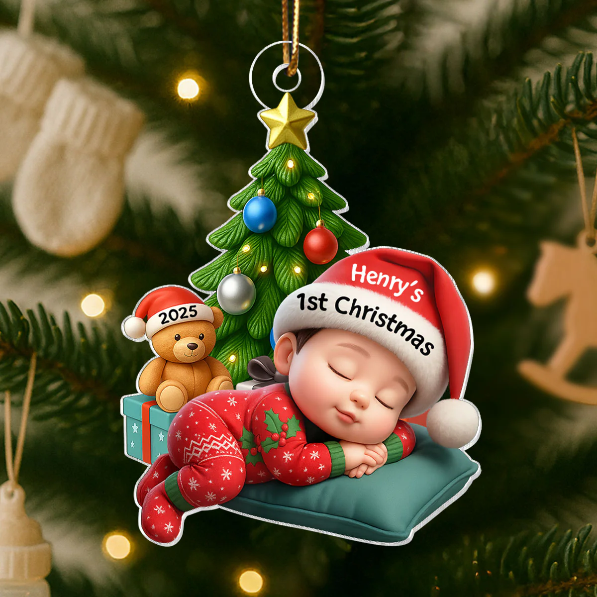 Sleeping Baby in Christmas Pajama Personalized Acrylic Ornament, Baby's 1st Christmas - Image 2